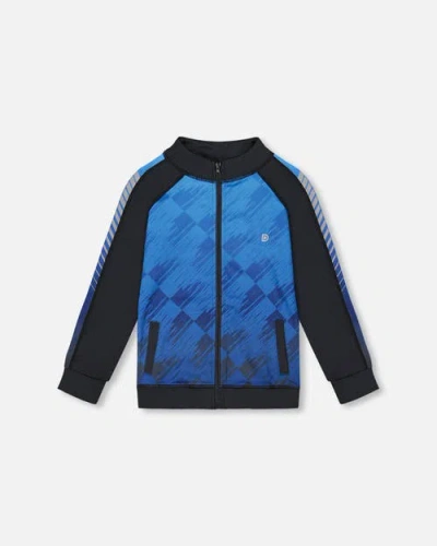 Deux Par Deux Kids'  Boy's Printed Full Zip Athletic Cardigan Blue And Black