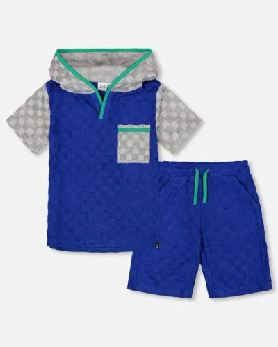 Deux Par Deux Kids'  Boy's Printed Hooded Terry Top And Shorts Set Blue And Gray
