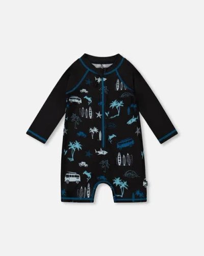 Deux Par Deux Kids'  Boy's Printed Long Sleeve Rashguard Light Blue Beach On Black