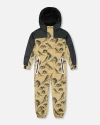 Deux Par Deux Boy's Printed Mid-season One-piece Outerwear Black Dinosaur On Beige Background In Neutral