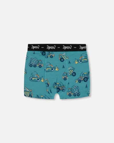 Deux Par Deux Kids'  Boy's Printed Organic Cotton Boxer Shorts Teal With Yellow Truck