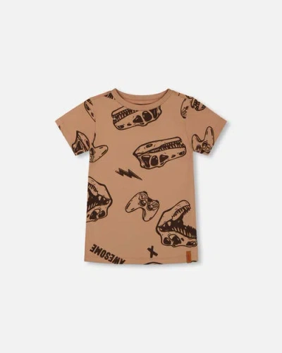 DEUX PAR DEUX DEUX PAR DEUX BOY'S PRINTED ORGANIC COTTON TEE BEIGE AND BLACK DINOS