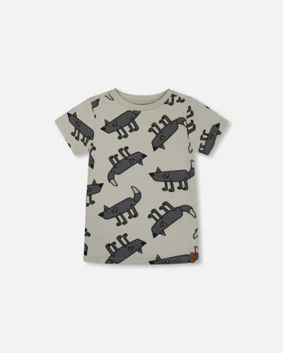 Deux Par Deux Kids'  Boy's Printed Organic Cotton Tee Gray Wolf On Teal Background