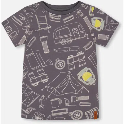 DEUX PAR DEUX DEUX PAR DEUX BOY'S PRINTED ORGANIC COTTON TEE GRAYISH BLUE AND CAMPING