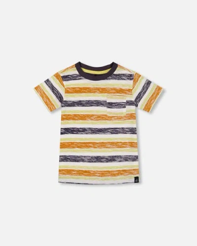 Deux Par Deux Kids'  Boy's Printed Organic Cotton Tee Navy Striped, Orange, And Lime Green In Navy Striped Orange And Lime