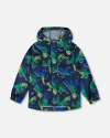 Deux Par Deux Boy's Printed Packable Windbreaker Blue And Green Dino On Navy In Blue And Green Dino On Navy