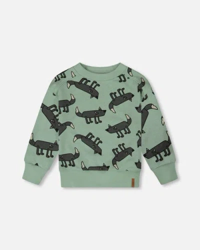 Deux Par Deux Kids'  Boy's Printed Pullover French Terry Sweatshirt Gray Wolf On Teal Background