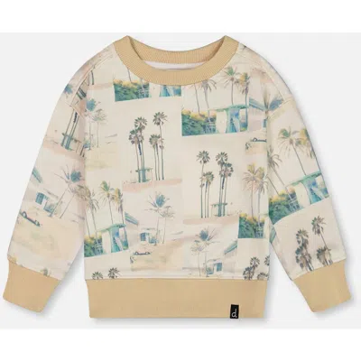Deux Par Deux Kids'  Boy's Printed Pullover Sweatshirt Beige Palm Tree And Teal