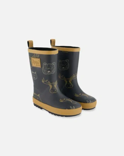 Deux Par Deux Babies'  Boy's Printed Rain Boots Beige Animals On Black Background In Beige Animals On Black And