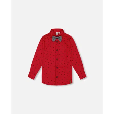 Deux Par Deux Boys' Printed Reindeer Poplin Shirt With Bow Tie - Little Kid In Jester Red