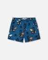 Deux Par Deux Boy's Printed Swim Trunks Orange Sloths On Navy Blue In Orange Sloths On Navy Blue