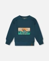Deux Par Deux Little Boy's Pullover French Terry Graphic Sweatshirt Teal And Peach In Teal And Peach