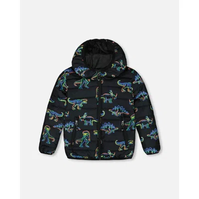 Deux Par Deux Kids'  Boy's Quilted Jacket Black Printed Neon Dino In Printed Dinos