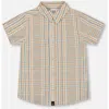 Deux Par Deux Boy's Short Sleeve Button Down Shirt Beige And Sage Plaid In Beige And Sage Plaid