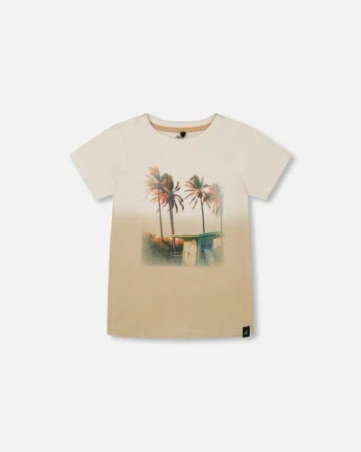 Deux Par Deux Kids'  Boy's Short Sleeve Organic Cotton Graphic Tee Gradient White And Beige
