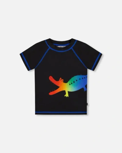 Deux Par Deux Kids'  Boy's Short Sleeve Rashguard Black And Multicolored Crocodiles In Black And Multicolor Crocodile