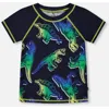 DEUX PAR DEUX DEUX PAR DEUX BOY'S SHORT SLEEVE RASHGUARD BLUE AND GREEN DINO ON NAVY
