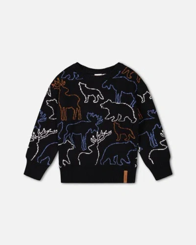 Deux Par Deux Kids'  Boy's Sweater With Intarsia Animal Forest Black In Anthracite