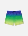 Deux Par Deux Boy's Swim Trunks Blue, Green, And Lime Gradient In Multi