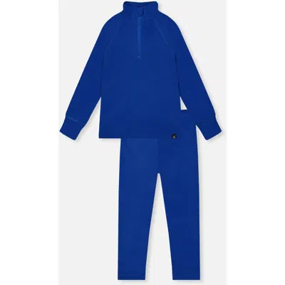 Deux Par Deux Kids'  Boy Two Piece Brushed Half-zip Top & Pants Thermal Underwear In Royal Blue