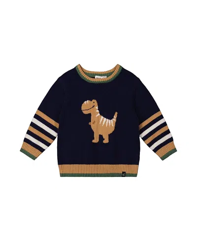 Deux Par Deux Boys' Dino Intarsia Striped Ribbed Cuffs Knit Sweater - Baby In Black