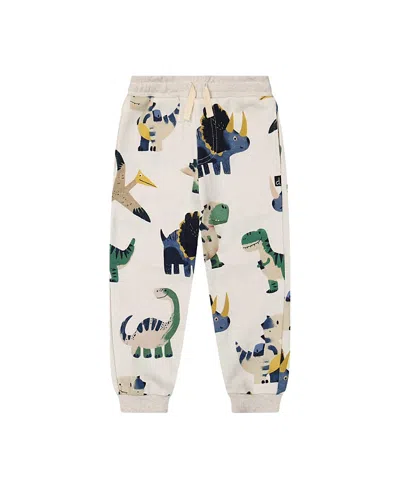 Deux Par Deux Boys' Dinosaur Fleece Drawstring Waist Ribbed Cuff Sweatpants - Baby In White