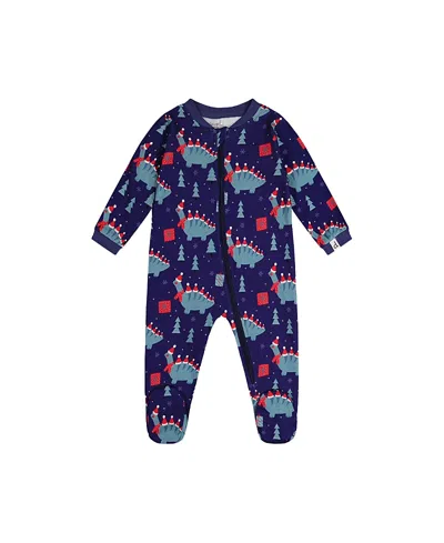 Deux Par Deux Boys' Dinosaur Organic Cotton Front Zipper Footed One Piece Pajama - Baby In Blue