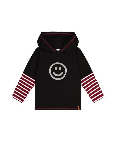 Deux Par Deux Kids'  Fake Double Sleeve Hooded Stripe Detail Shirt In Black