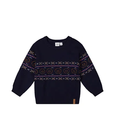 Deux Par Deux Kids'  Jacquard Geometric Ribbed Cuffs Sweater In Blue