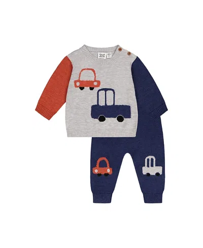 Deux Par Deux Boys' Knitted Car Intarsia Top And Elastic Waist Pants Set - Baby In Multi
