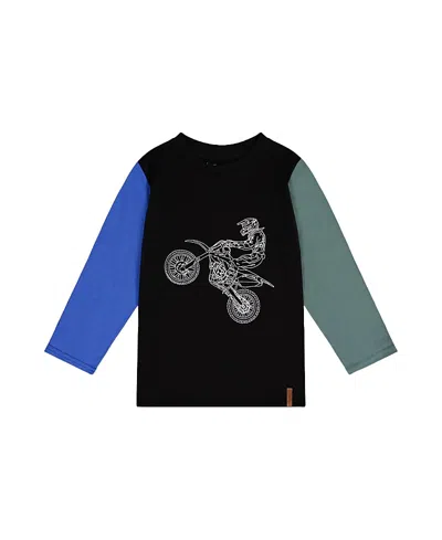 Deux Par Deux Boys' Long Sleeve Motorcycle Crew Neck Cotton T-shirt - Little Kid In Black