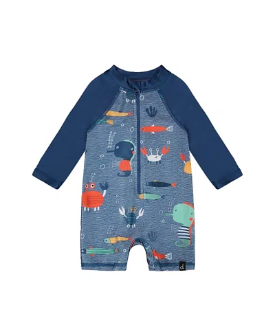 Deux Par Deux Boys' One-piece Long Sleeve Printed Marine Animals Rashguard - Baby In Blue