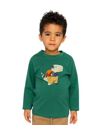 Deux Par Deux Boys' Organic Cotton Dino Applique Crew Neck Long Sleeve T-shirt - Baby In Green