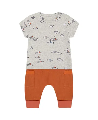 Deux Par Deux Boys' Organic Cotton Top And Muslin Pant Set - Baby In Heather Grey With Little Paper Boat