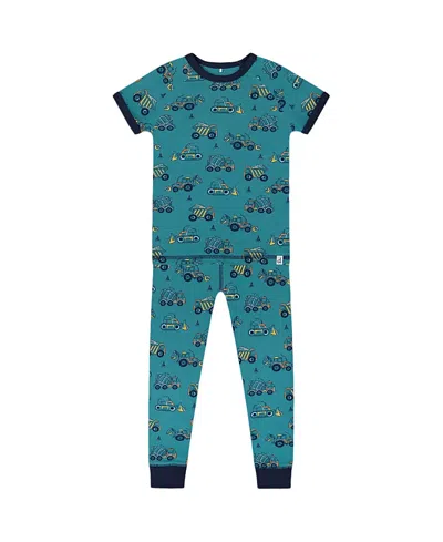 Deux Par Deux Boys' Organic Cotton Two-piece Short Sleeve Top And Pant Pajama Set - Baby In Teal With Yellow Truck