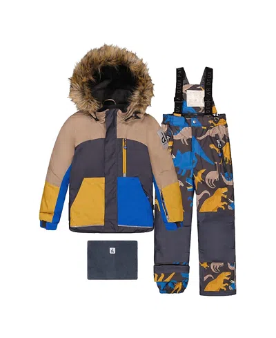 Deux Par Deux Boys' Play Fleece Hood Jacket & Dinosaur Pants Two Piece Snowsuit - Little Kid In Multi