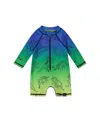 Deux Par Deux Boys' Printed Long Sleeve One-piece Rashguard - Baby In Vibrant Blue And Green Dino