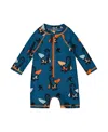 Deux Par Deux Boys' Printed Long Sleeve One-piece Rashguard- Baby In Orange Sloths On Navy Blue