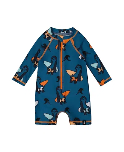 Deux Par Deux Boys' Printed Long Sleeve One-piece Rashguard- Baby In Orange Sloths On Navy Blue