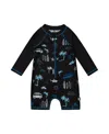 Deux Par Deux Boy's Printed Long Sleeve Rashguard Light Blue Beach On Black In Light Blue Beach On Black