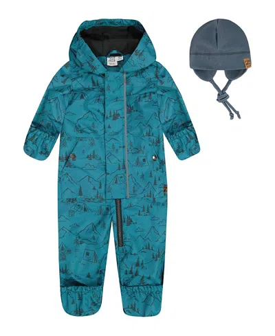 Deux Par Deux Boys' Printed Mid-season One-piece Outerwear With Hat - Baby In Blue And Gray