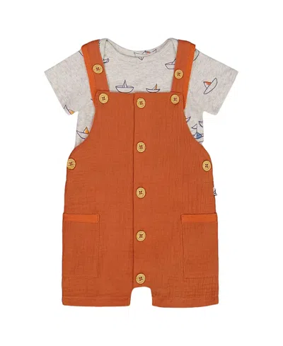 Deux Par Deux Boys' Printed Organic Cotton Onesie And Muslin Shortall Set - Baby In Terracotta And Small Boat