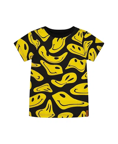 Deux Par Deux Boys' Printed Organic Cotton Tee - Little Kid In Black And Yellow Smile