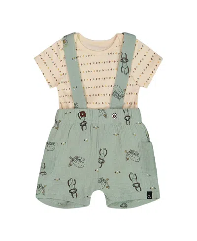 Deux Par Deux Boys' Printed Sage Monkey Muslin Shortall And Organic Cotton Onesie Set - Baby In Sage Monkey And Off-white