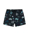 Deux Par Deux Boy's Printed Swim Trunks Light Blue Beach On Black In Light Blue Beach On Black
