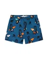 Deux Par Deux Boy's Printed Swim Trunks Orange Sloths On Navy Blue In Orange Sloths On Navy Blue