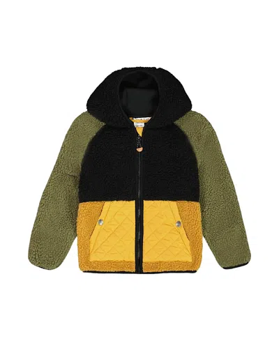 Deux Par Deux Boys' Sherpa Mid-season Colorblock Jacket - Little Kid In Black/tan/and Olive Green