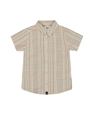 Deux Par Deux Boys' Short Sleeve Button Down Shirt - Baby In Beige And Sage Plaid