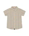 Deux Par Deux Boy's Short Sleeve Button Down Shirt Beige And Sage Plaid In Beige And Sage Plaid