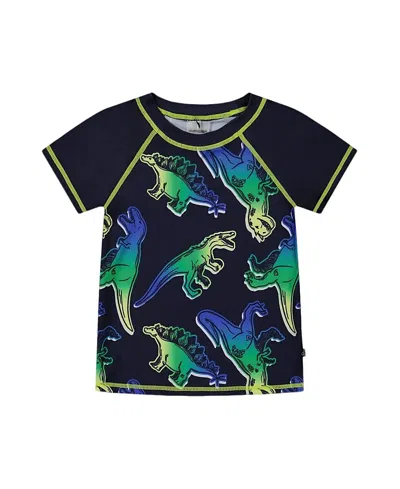 Deux Par Deux Kids'  Boys' Short Sleeve Rashguard - Baby In Blue And Green Dino On Navy